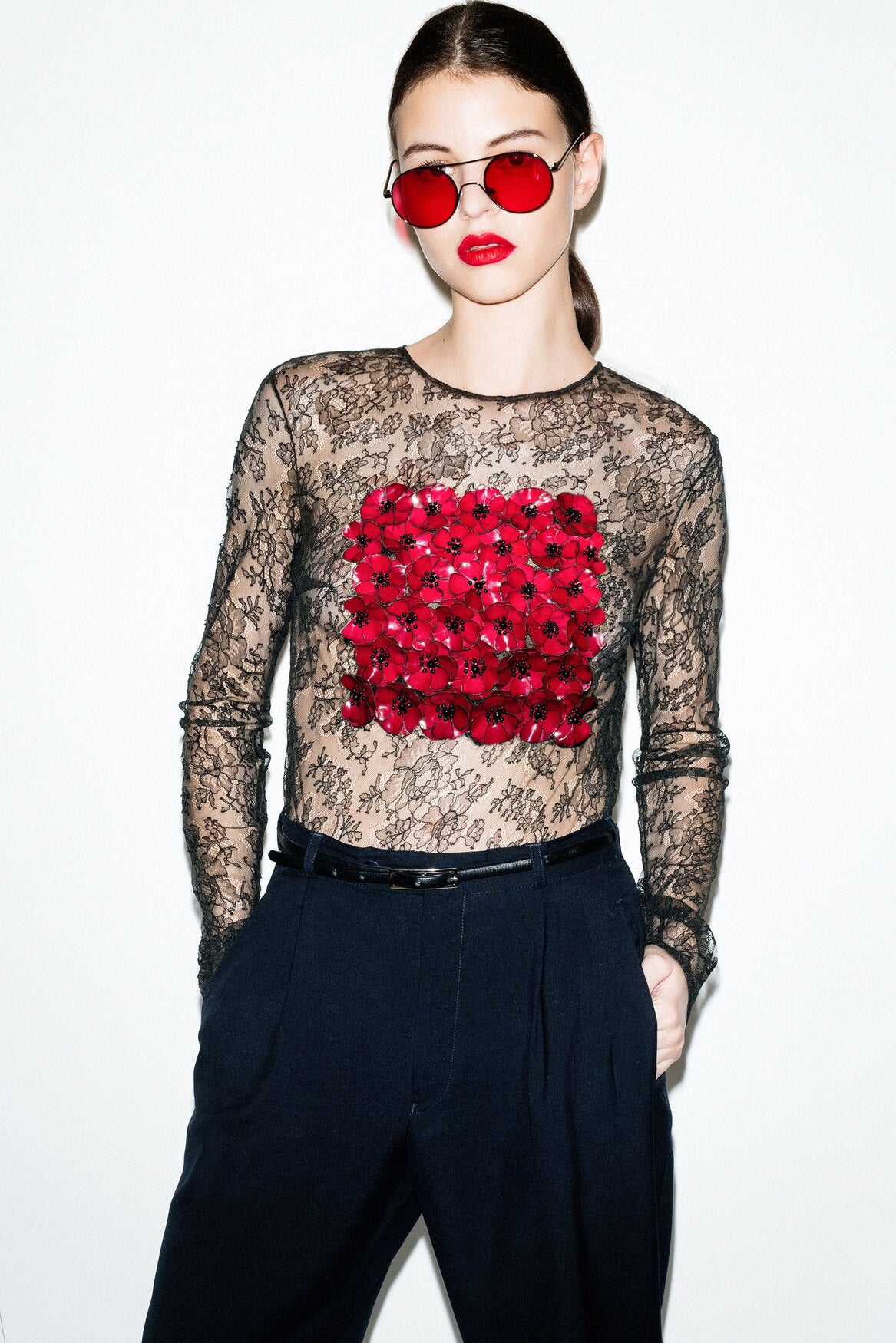 POPPIES FLORAL EMBELLISHED LACE LONG SLEEVE TOP