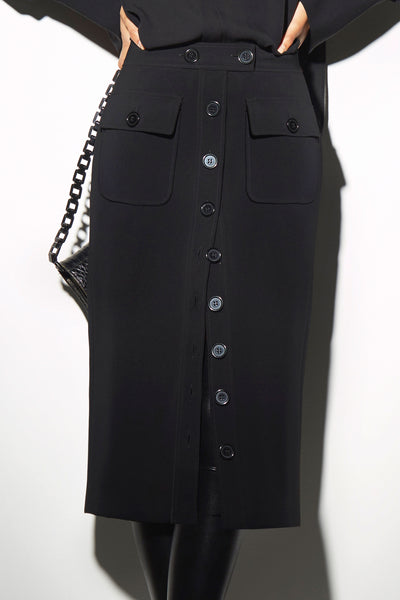 FRONT BUTTONED PENCIL SKIRT  IN BLACK HEAVY CREPE