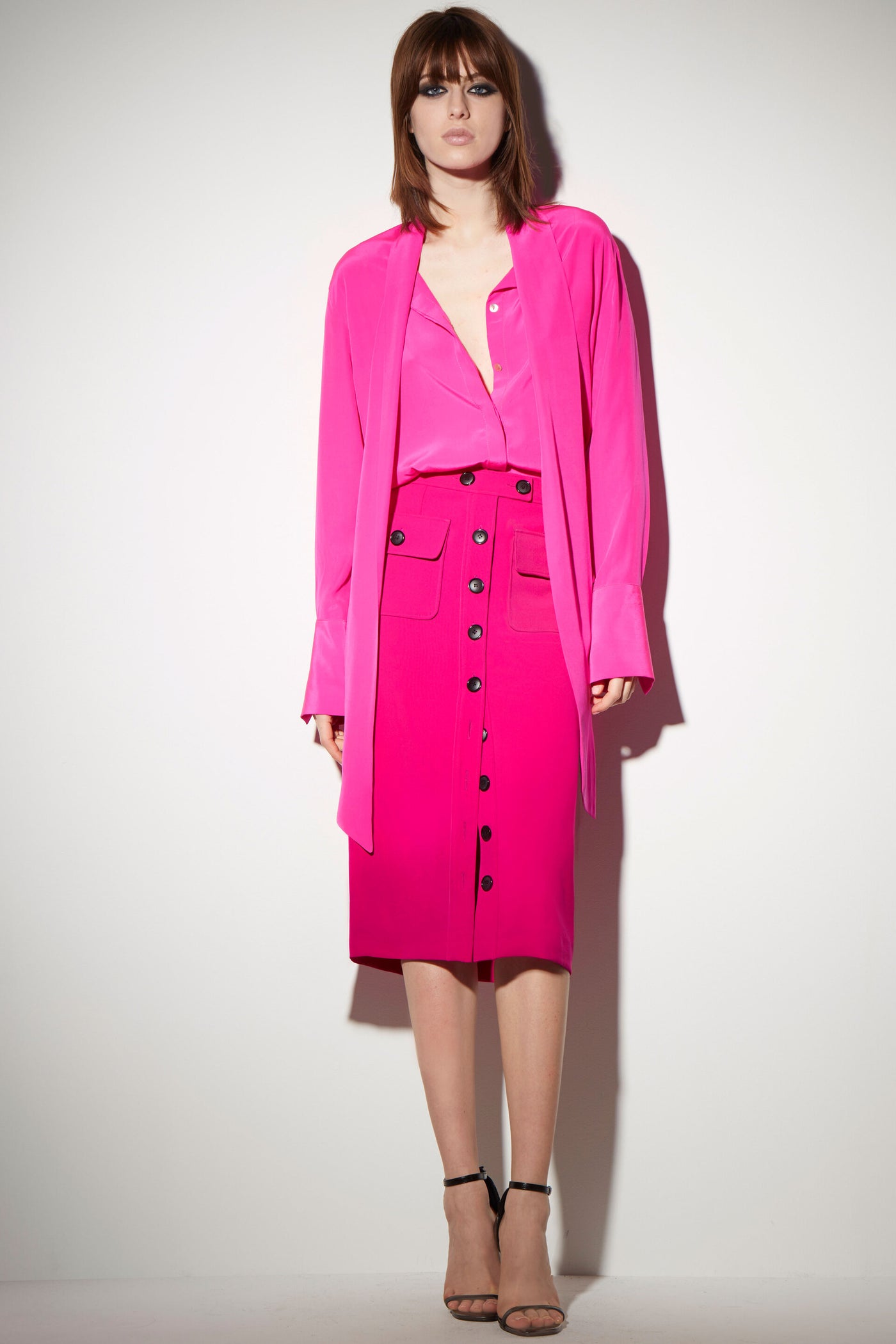 FRONT BUTTONED PENCIL SKIRT  IN FUCHSIA HEAVY CREPE