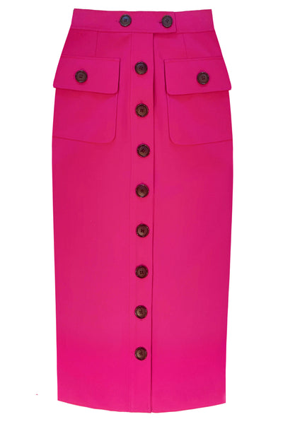 FRONT BUTTONED PENCIL SKIRT  IN FUCHSIA HEAVY CREPE