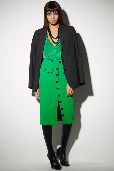 FRONT BUTTONED PENCIL SKIRT IN GREEN HEAVY CREPE
