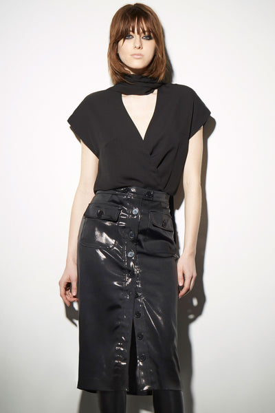 BLACK COATED STRETCH SATIN FRONT BUTTONED SKIRT 