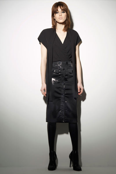 BLACK COATED STRETCH SATIN FRONT BUTTONED SKIRT 