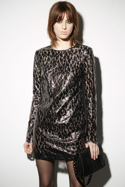 COATED LEOPARD LACE LONG SLEEVES DRESS 
