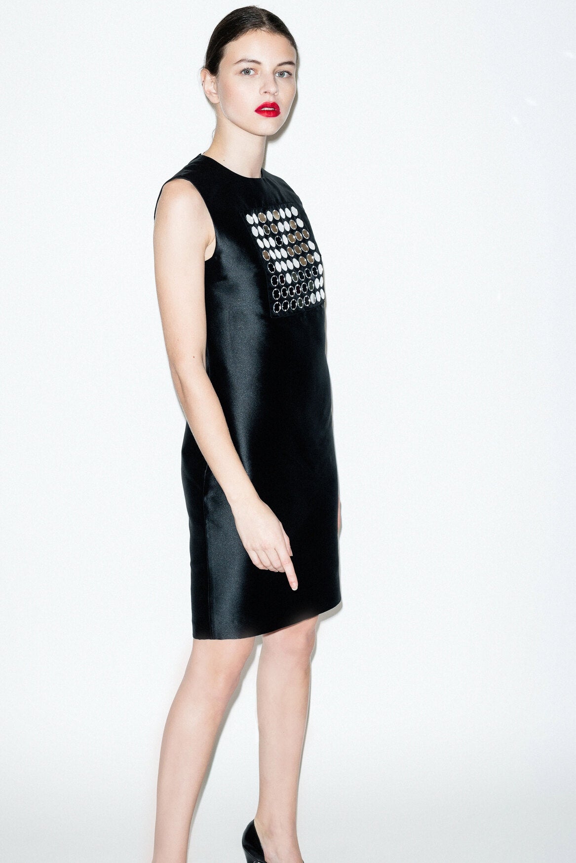FAILLE DRESS WITH EMBROIDERED MIRRORS 