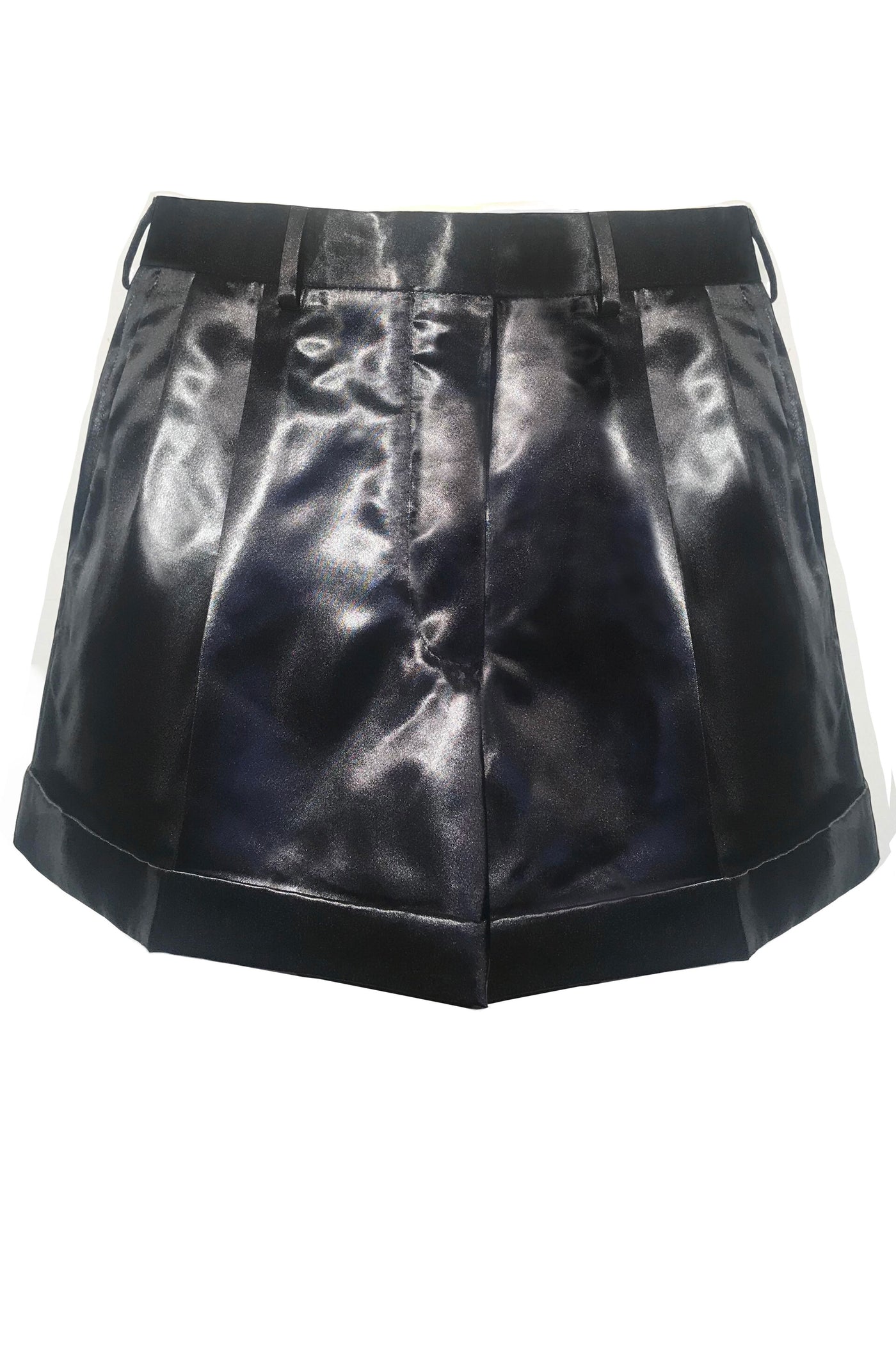BLACK LACQUERED SATIN PLEATED SHORTS