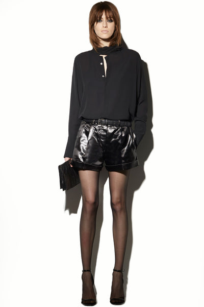 BLACK LACQUERED SATIN PLEATED SHORTS