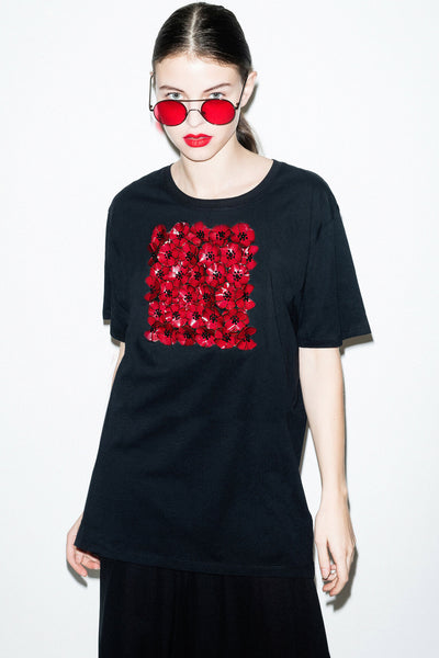 POPPIES FLORAL EMBELLISHED LONG TEE-SHIRT